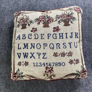 Vintage Tapestry ABCs Throw Pillow Alphabet 123s Floral‎ Sampler Teacher Nursery